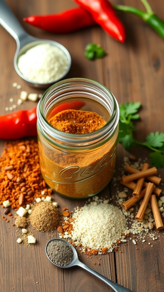 Homemade taco seasoning in a glass jar with spices on a wooden table.